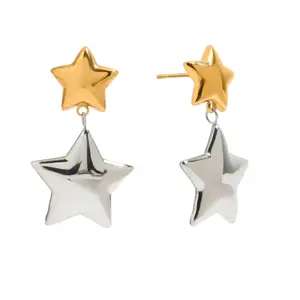 Two Tone Double Star Dangling Earrings - Pair - Stainless Steel