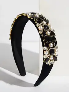 Women's Vintage Baroque Hairband, Velvet Fabric Wide Band Embellished with Rhinestones & Pearls, All-Season Casual Headpiece, Headbands Women