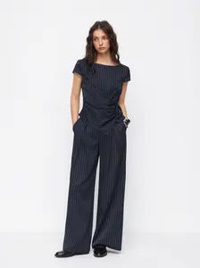 Cider Striped Boat Neck Short Sleeve Wrap Knotted Top & Mid Rise Straight Leg Trousers Women's Set
