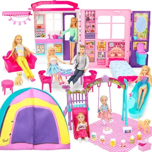 Doll House Portable & Foldable Dollhouse w/ 60+ Pcs & 2 Dolls, Play House Toy with Bedroom Kitchen  Camping Playset, Playhouse Birthday Gift for Girl Kid Toddler Furniture Accessory Kids Christmas Gift Warm Up for Holiday