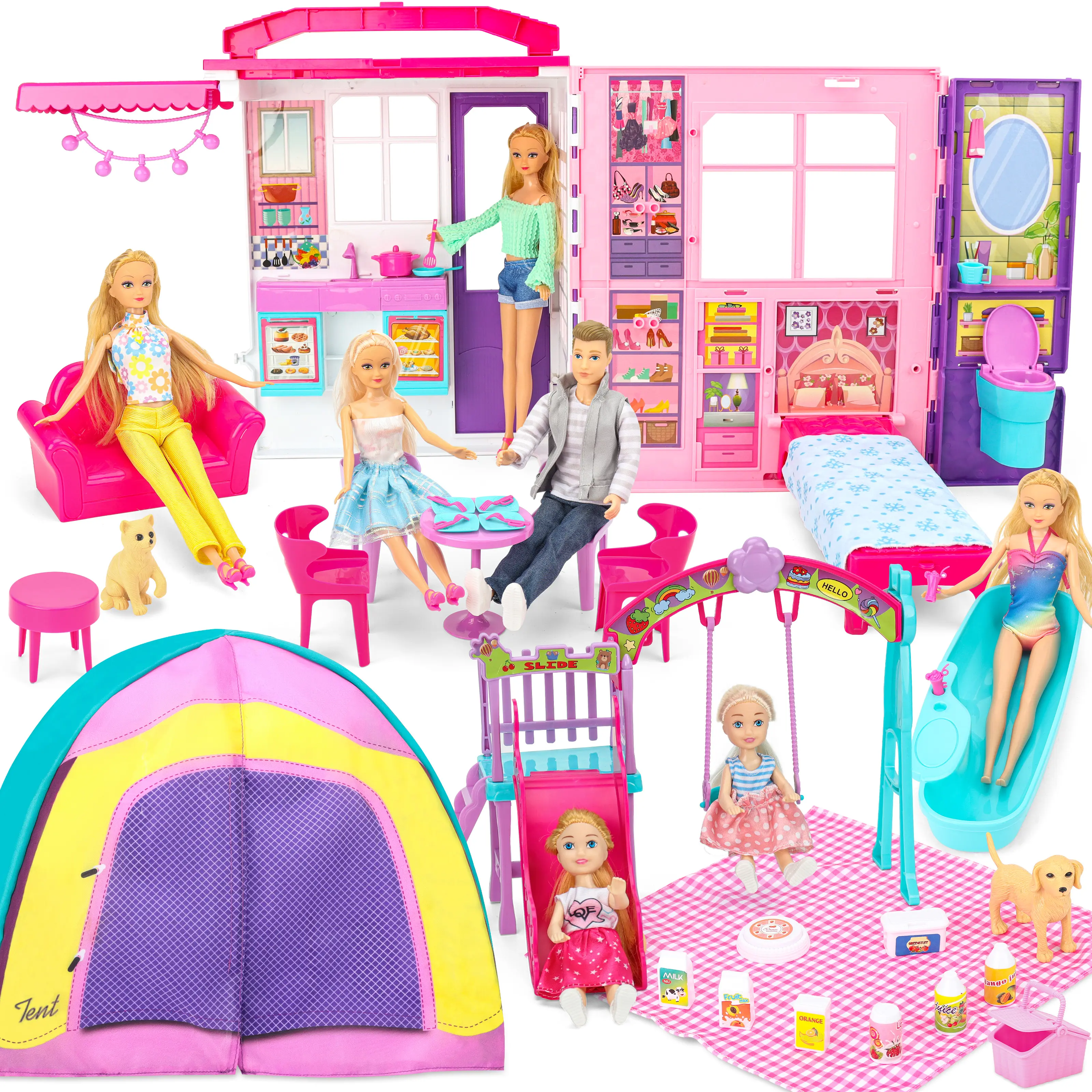 Doll House Portable & Foldable Dollhouse w/ 60+ Pcs & 2 Dolls, Play House Toy with Bedroom Kitchen  Camping Playset, Playhouse Birthday Gift for Girl Kid Toddler Furniture Accessory Kids Christmas Gift Warm Up for Holiday