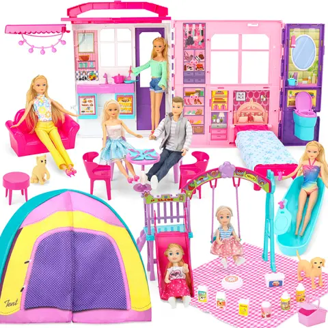 Doll House Portable & Foldable Dollhouse w/ 60+ Pcs & 2 Dolls, Christmas gifts Play House Toy with Bedroom Kitchen  Camping Playset, Playhouse Birthday Gift for Girl Kid Toddler Furniture Accessory Kids Christmas Gift Warm Up for Holiday