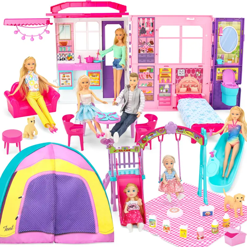 Doll House Portable & Foldable Dollhouse w/ 60+ Pcs & 2 Dolls, Christmas gifts Play House Toy with Bedroom Kitchen Camping Playset, Playhouse Birthday Gift for Girl Kid Toddler Furniture Accessory Kids Christmas Gift Warm Up for Holiday