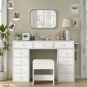 FUSOU Mirrorless Vanity Desk, Makeup Vanity with 11 Drawers and Charging Station, White Vanity with Storage for Bedroom, Home Office Computer Desk for Bedroom, White