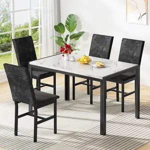 5-Piece Marble Dining Set - AWQM Modern Table & 4 Velvet Chairs, Compact Space-Saving, Black Apartment Furniture Minimal