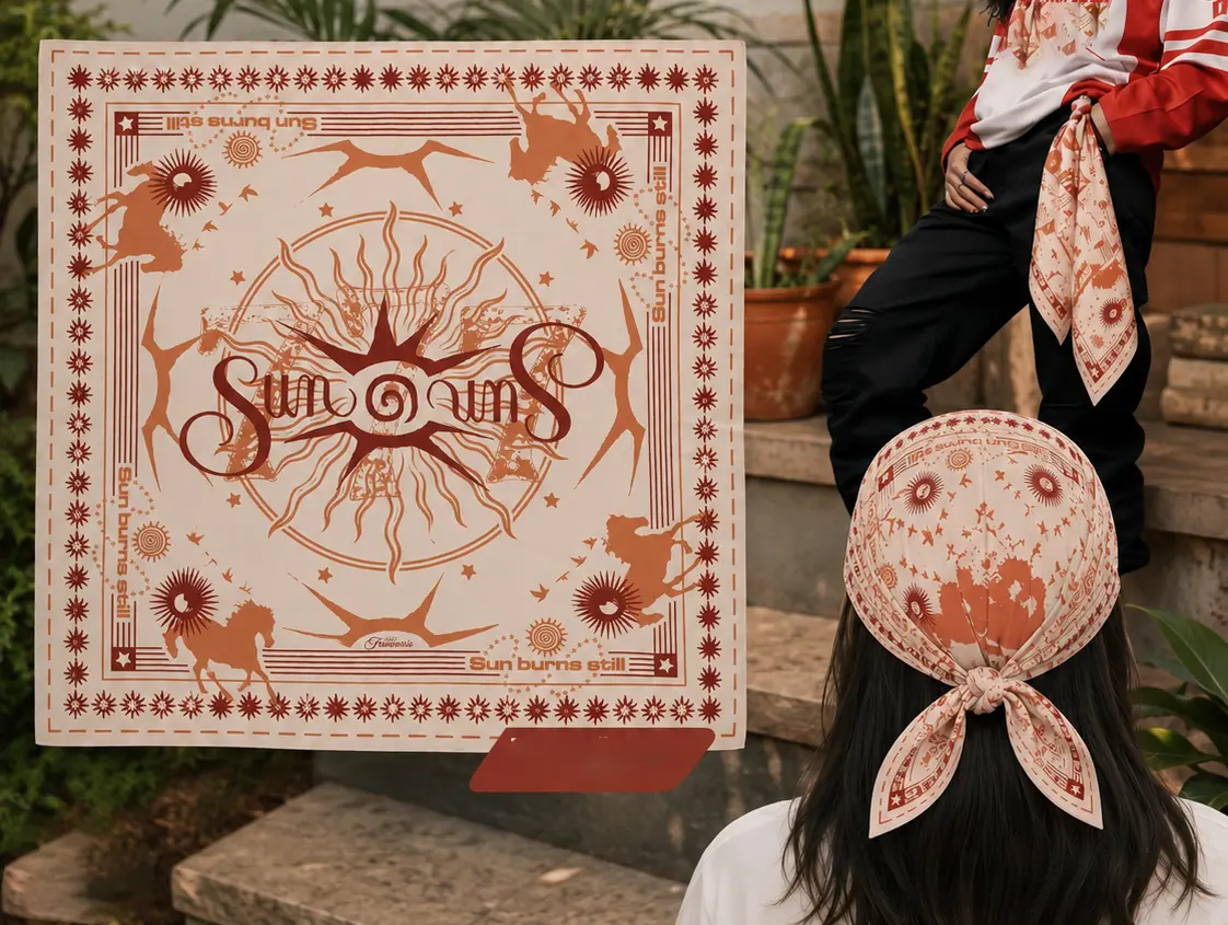 Vintage Sun Bandana, Boho Satin Hair Scarf, Sun Moon Head Scarf