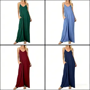 Women's Plain Backless Pocket Cami Dress Casual V-Neck Spaghetti Strap Sleeveless Long Dress for All Seasons Ladies' Clothing for Everyday Wear in Multiple Colors
