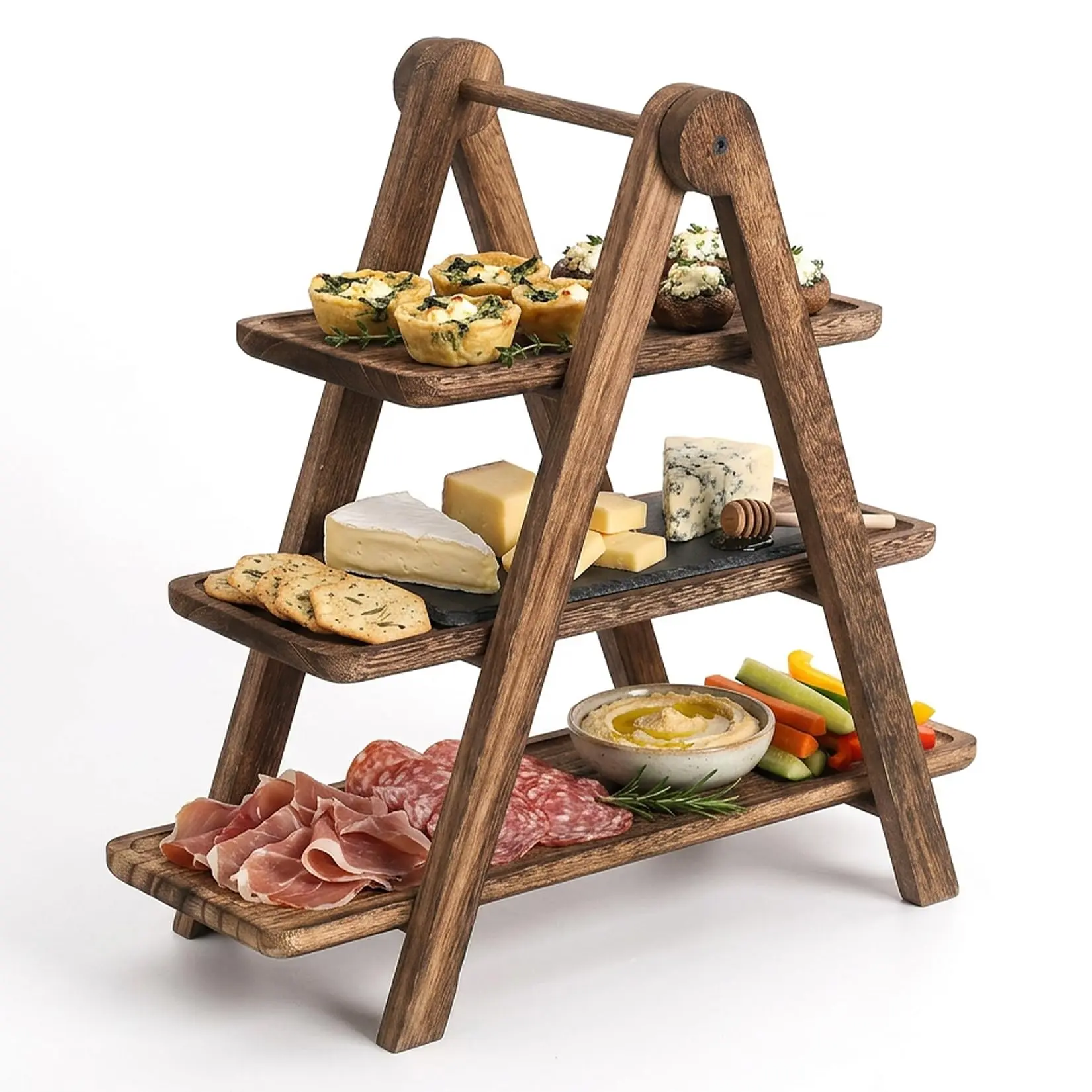 GAOMON 3-Tier Collapsible Wooden Serving Tray Rack - Rustic Farmhouse Decor, Room Decor Multi-Layer Display Stand with Handle, Detachable Deli Platter Board, Space-Saving Pyramid Kitchen Countertop Organizer for Parties, Food & Beverage, Thoughtful Gift