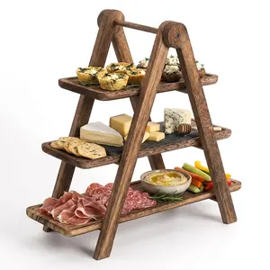 3-Tier Collapsible Wooden Serving Tray Rack – Rustic Multi-Layer Display Stand with Handle, Detachable Deli Platter Board – Space-Saving Pyramid-Style Kitchen Organizer for Countertop, Dessert