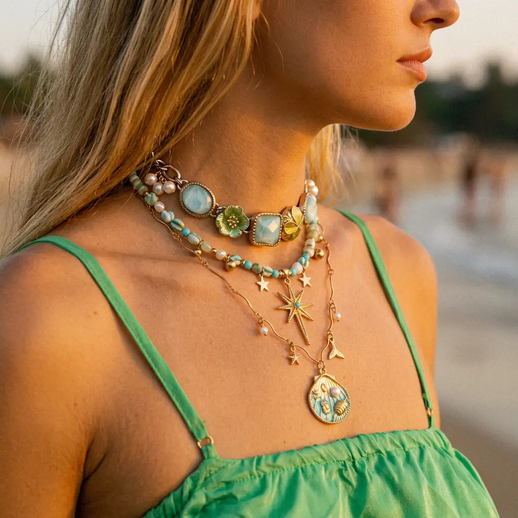 Women's 3-Layer Ocean & Star Beaded Necklace Stack - Adjustable Fit Vintage Blue Shell & Starburst Jewelry, Beach Days & Date Nights Coastal Accessory, Pearl Necklaces Birthday Gift Date Nights Everyday Elegance Artisan Craftsmanship