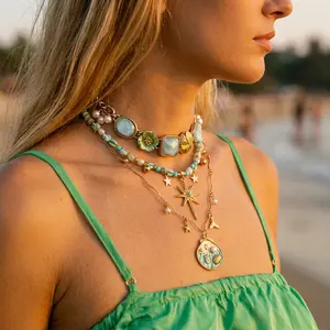Three-Layer Ocean & Star Beaded Necklace Set | Summer Dopamine Beach Vibes Adjustable Medium-Length Necklace | Vintage Blue Shell & Starburst Jewelry | Timeless Coastal Style for Every Occasion | Perfect Birthday, Anniversary & Spring Party Gift for Women