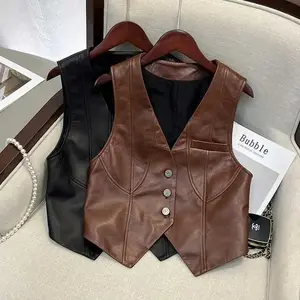Women waist PU Fake Pocket Vest Vest Slim Design Retro Top Leather Jacket