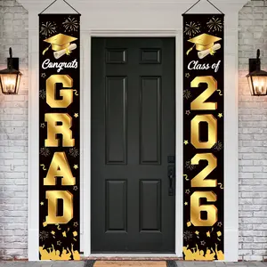 Graduation Decorations 2026 Porch Banner, Congrats Grad Class of 2026 Banner Black and Gold, 2026 Graduation Decorations for Door and Porch Class of 2026 Party Supplies