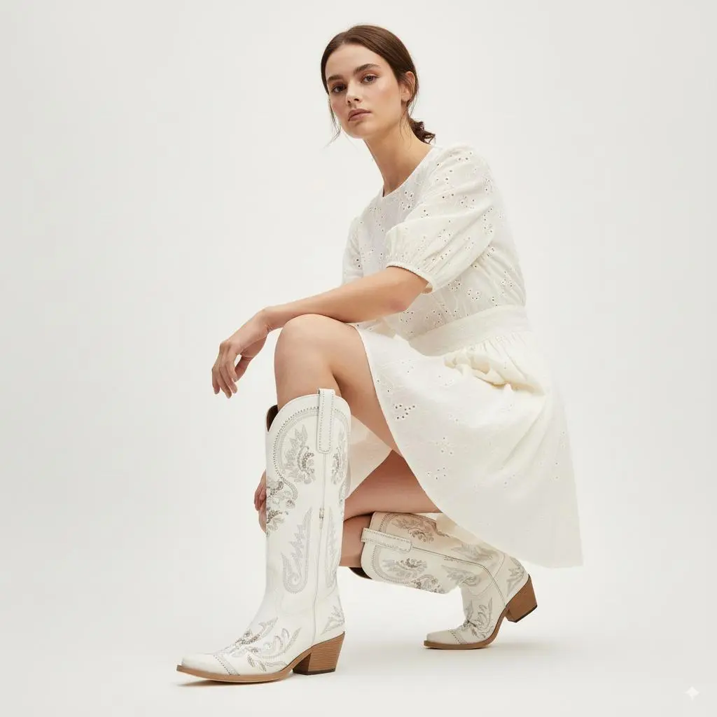Aurelia-Chic Cowgirl Boots Creamy White Synthetic Leather with Sparkling Rhinestone Embellishments Pointed Toe Chunky Heel Fashion Retro Classic Tall Boot for Weddings