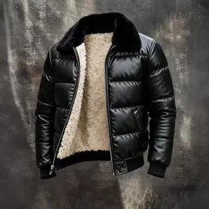 Men's leather jacket with thick cotton wool and wool, lambhair lapel coat, motorcycle leather jacket, men's jacket