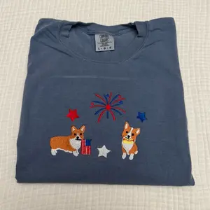 USA Corgi dog embroidered Fourth of July comfort colors T-shirt