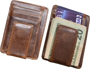 Money Clip RFID Front Pocket Wallet Men Leather Slim Minimalist Wallet