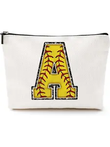 Softball gift initial cosmetic bag, alphabet zipper bag, softball accessories, suitable for girls, ladies, players, coaches, friends as graduation or birthday gifts