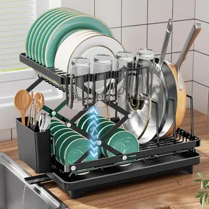 2 Tier Dish Drying Rack, Expandable Dish Racks for Kitchen Counter, Space Saving Collapsible Dish Drying Rack, Multi Function Dish Rack, with Drainage Board, Utensil Rack, Cup Rack and Pot Racks