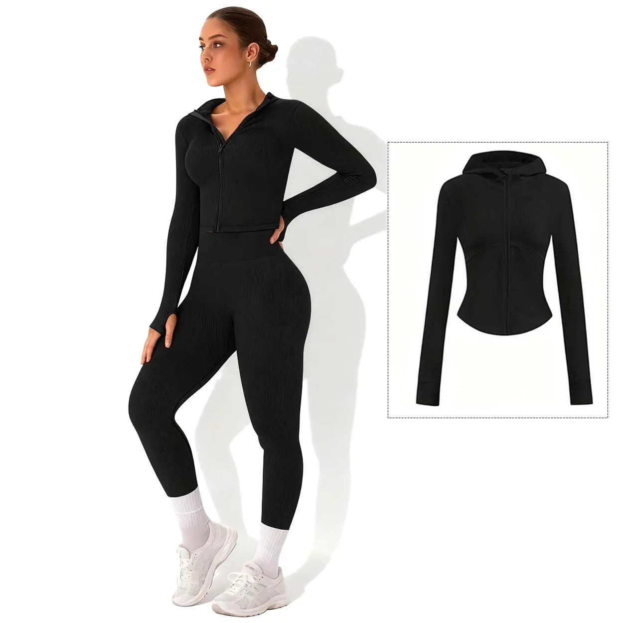 Women's 2 Piece Seamless Workout Set Ribbed Long Sleeve Yoga Outfit with High Waist Leggings & Zipper Jacket Thumb Holes for Gym Fitness