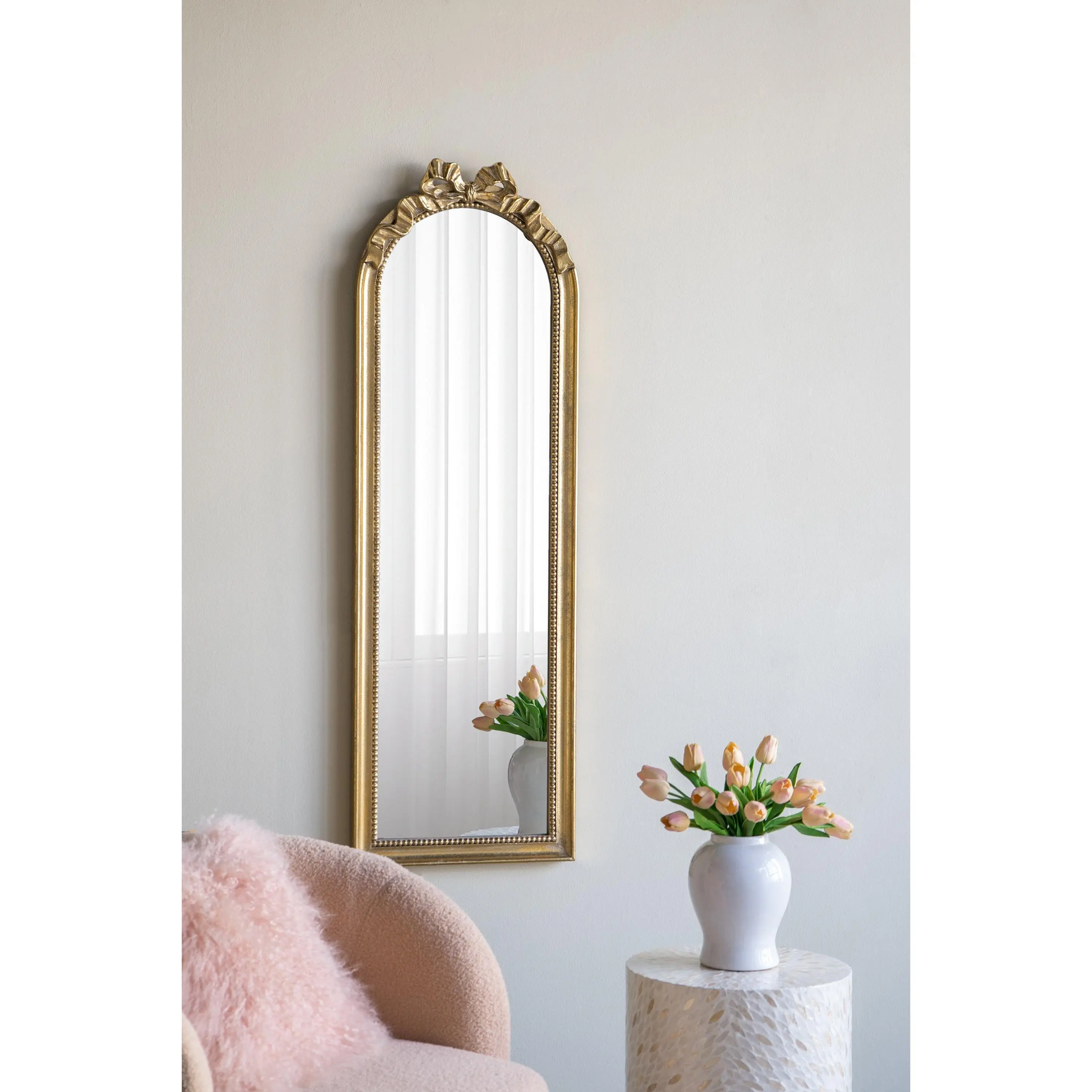 Wall Mount Arched Top Baroque Art Scrollwork Crown Mirror - 15.8x1.6x48.8 Inches, 60% MDF, Traditional Full-Length Mirror for Bedroom French Country Home Decor