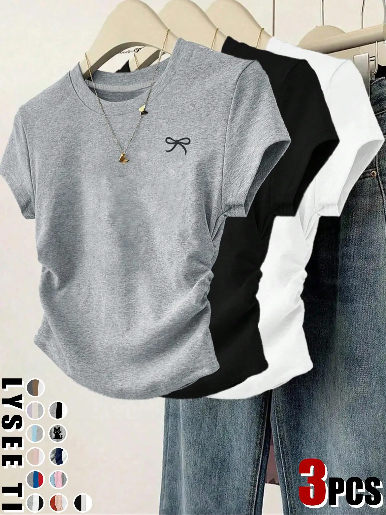 Women's Cat / Bow Print Tee, Casual Short Sleeve Round Neck T-shirt for Daily Wear, Ladies Clothes for All Seasons