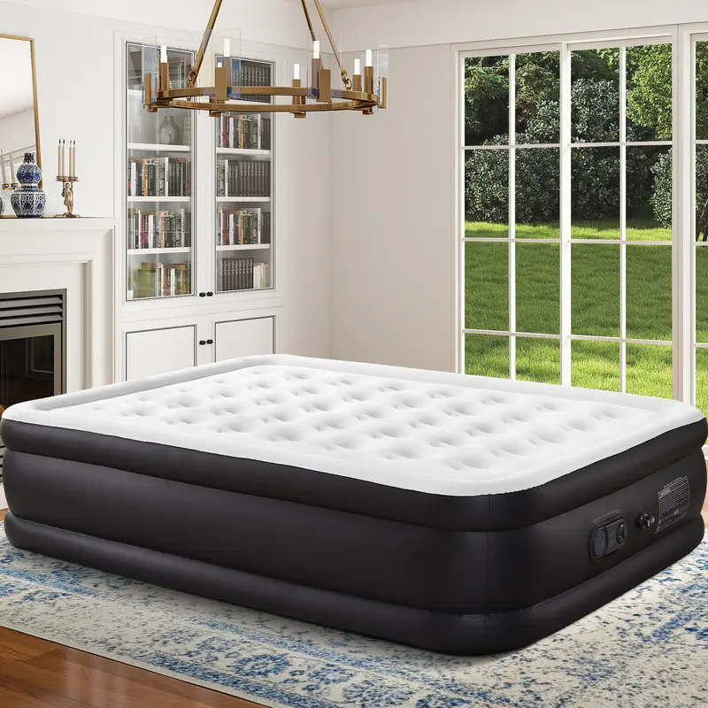 Sweetcrispy Inflatable Air Mattress - Portable Inflatable Travel Bed with Built-in High-Capacity Pump, Double Height, Adjustable Settings, Non-Slip Bottom, PVC Shell Resists Wear, Gentle Flocking Top, Moisture-Wicking Top, Steady Honeycomb Column Support