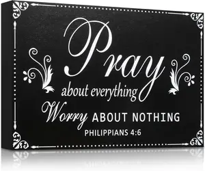 Pray About Everything Worry About Nothing Sign Religious Scripture Inspirational Word Plaque Black Bible Verses Plaque Wall Decor Wooden Table Centerpieces Christmas Decorations, 7.9 x 5.1 Inch