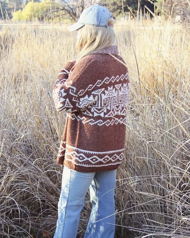 New Sun Valley Western Fall Vintage Native Inspired Cowichan Aztec Sweater Cozy Jacket Jumper