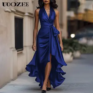 UOOZEE Women's Summer 2025 Petite Deep V-neck Ruffled Evening Gowns with Straps, Solid Color Lace-up High Waist Satin Party Dresses Wedding Guests Dress(Overall Sizing Runs Small - Check Size Guide or Order Up Two Sizes) Women's Loose Fit Elegant Dress