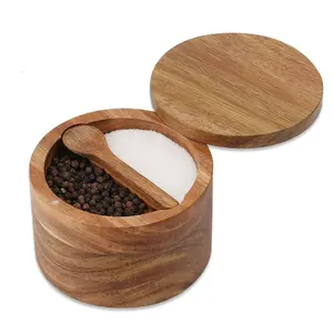 Acacia Wood Salt & Pepper Bowl Box with Built-in Spoon Two Compartments Spice Seasoning Container Sea Salt Cellar Holder Magnetic Swivel Lid Keep Dry Dust-free Dual 5oz Capacity