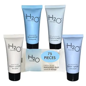 H2O All-In-Kit (75 pcs) | 15 of each Shampoo, Conditioner, Body Wash, Body Lotion & 1 oz Bar Soap | Travel Size Amenities for Hotels & Airbnb | Therapy Hotel Soaps and Toiletries Bulk Set Body Care Luxury Scented Olive