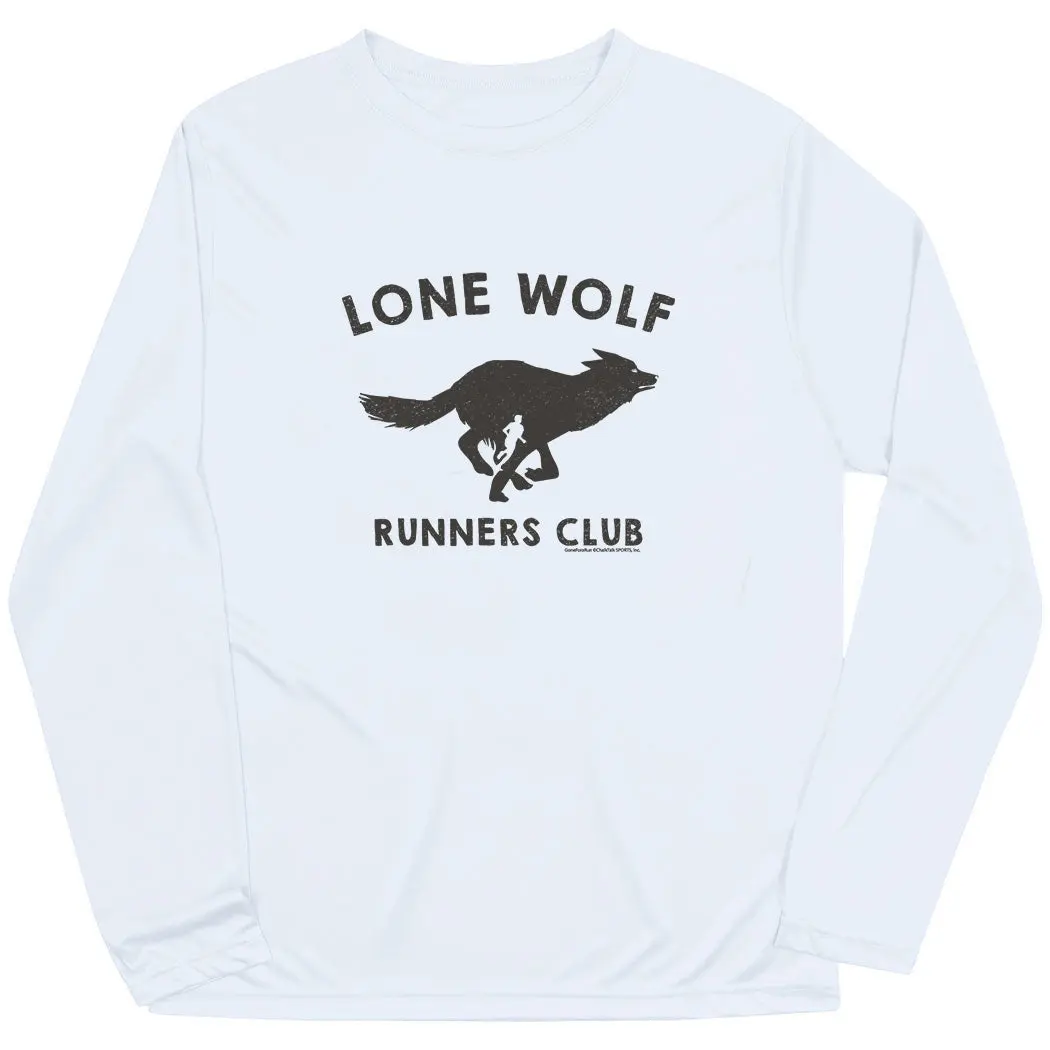 Men's Long Sleeve Sports T-Shirt, Sports-Themed Lone Wolf Runners Club Graphic, Moisture-Wicking Polyester Performance Top for Running, Active Sports T-Shirt