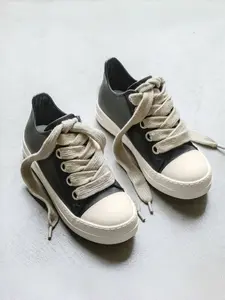 Parent-Child Black-Gray Color-Block Wide-Lace Platform Canvas Shoes Trainer, Retro Casual Style, Canvas Material + Platform Non-Slip Sole + Wide-Lace Decor, Parent-Child Compatible, Retro Versatile , Ideal for Daily Outfits & Parent-Child Leisure Outings