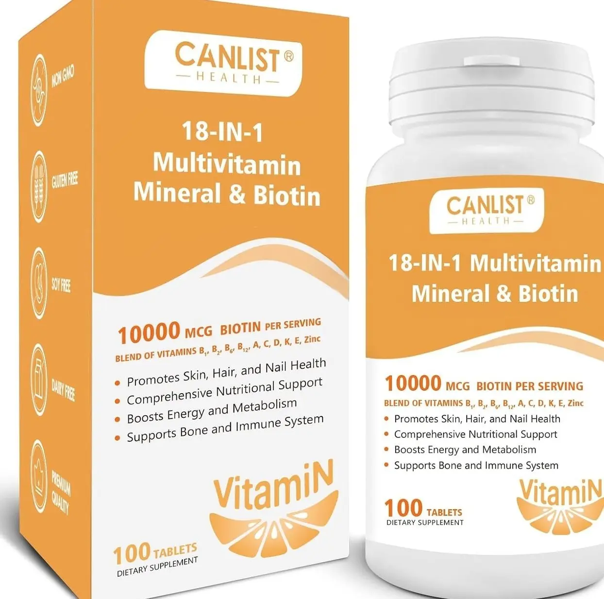 Hair Skin and Nails Multi-Vitamin for Men & Women, 10000mcg Biotin & Multimineral, Contains B-Vitamins, Vitamins C, E & D3, Trace Minerals, Zinc, Gluten-Free, Dairy-Free, Soy-Free, 100 Tablets