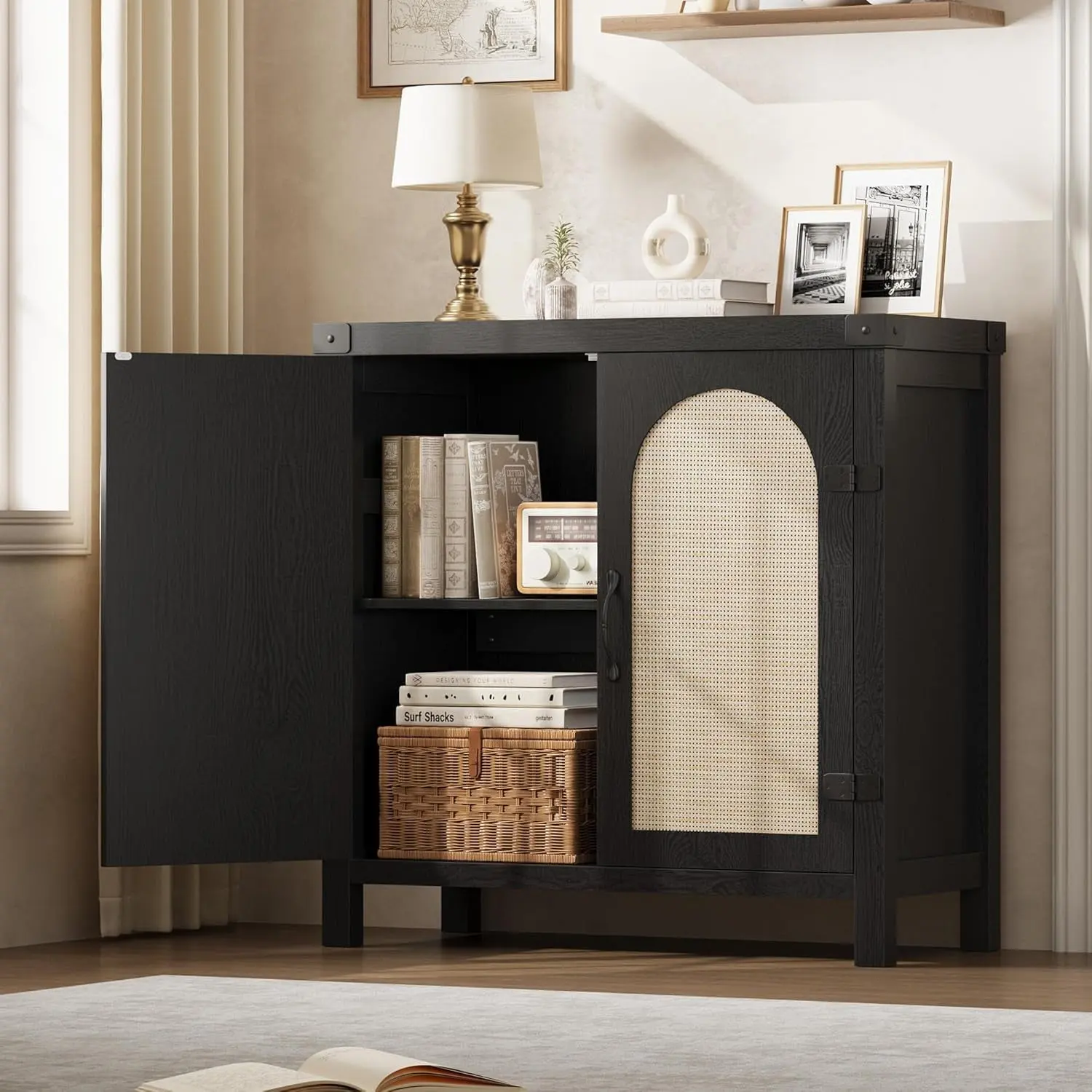 【Christmas Gift】Sideboard Buffet Cabinet  Accent Cabinet with Shelves and Strong Wood Legs  Farmhouse Storage Cabinet with Rattan Doors  Small Console Cabinet for Bedroom  Living Room  Entryway  Black