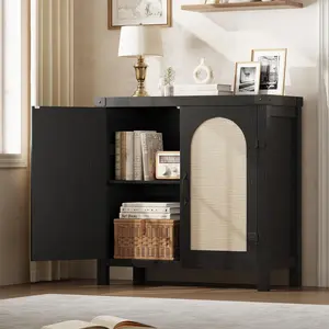 Gaomon Black Farmhouse Engineered Wood Sideboard Buffet Cabinet - Easy-Assemble Rustic Charm Accent Piece with Rattan Doors, Storage Shelves, Sturdy Wood Legs, Small Console for Living Room, Entryway
