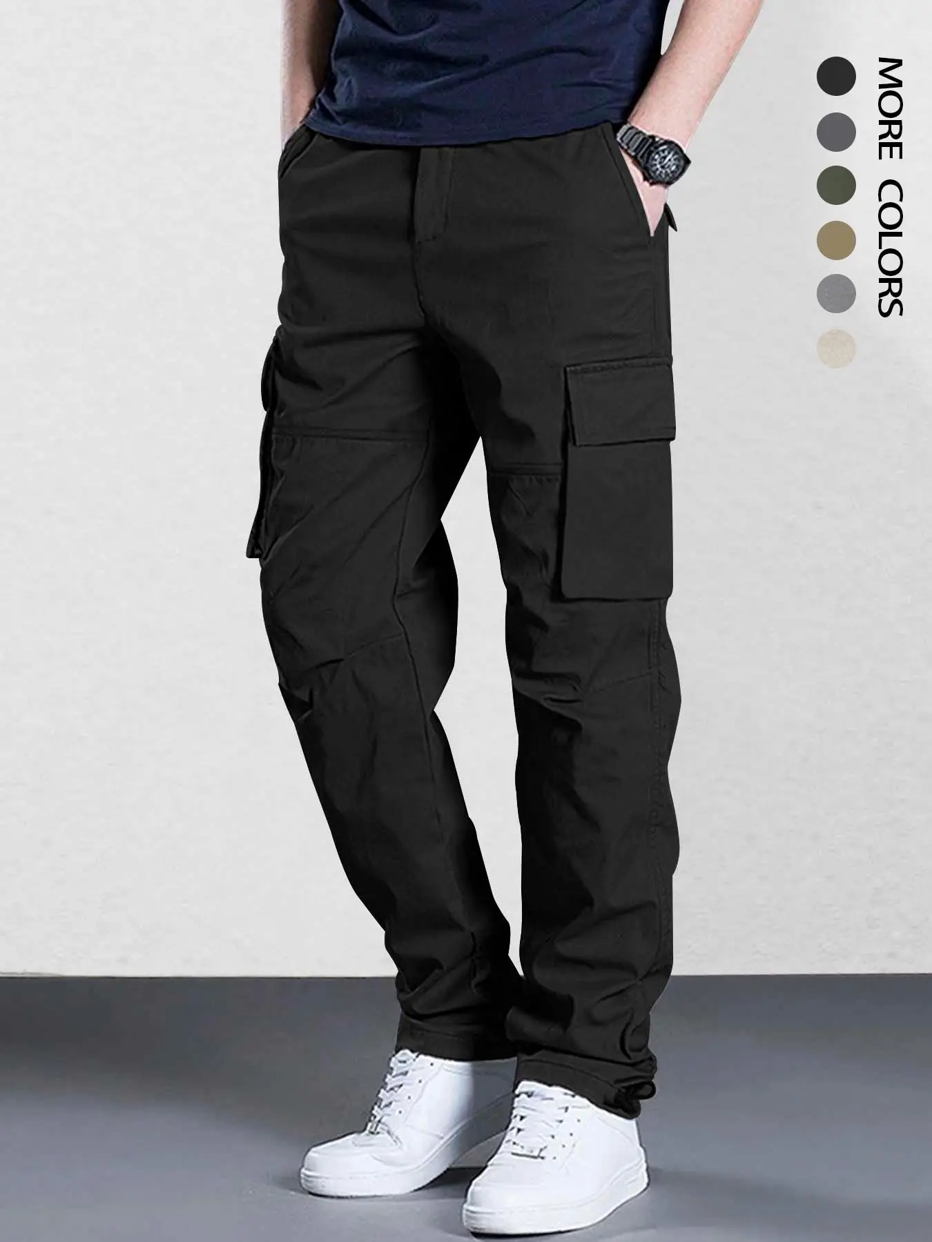 Men's Solid Flap Pocket Drawstring Waist Cargo Pants, Loose Casual Fashion Button Trousers for Daily Wear, Men's Cargo Work Pants, Pants for Men, Men'
