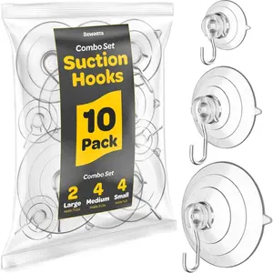 All-Purpose Suction Cup Hooks [10PK Combo Set] Powerful Suction Cups with Hooks for Hanging on Glass, Windows, Doors, Mirrors, Tiles, Set Includes 2 Large, 4 Medium, 4 Small