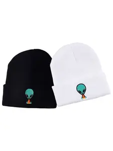 Two pieces Unisex Knitted Hat Set, & Street Style Alien Skull Embroidery Beanies, Embroidered Fitted Cap, Warm Winter Accessories for Men Women