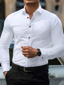Men's Solid Long Sleeve Collared Shirt, Regular Fit Casual Button Front Top for Work Office Business, Men's Clothes for All Seasons