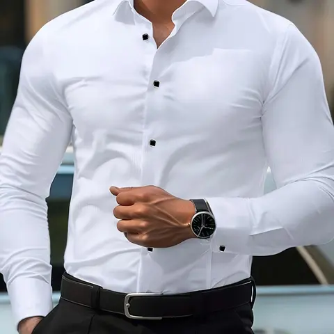 Men's Classic Solid Long Sleeve Collared Shirt, Regular Fit Casual Button Front Top for Work Office Business, Men's Clothes for All Seasons, Button Down Closure