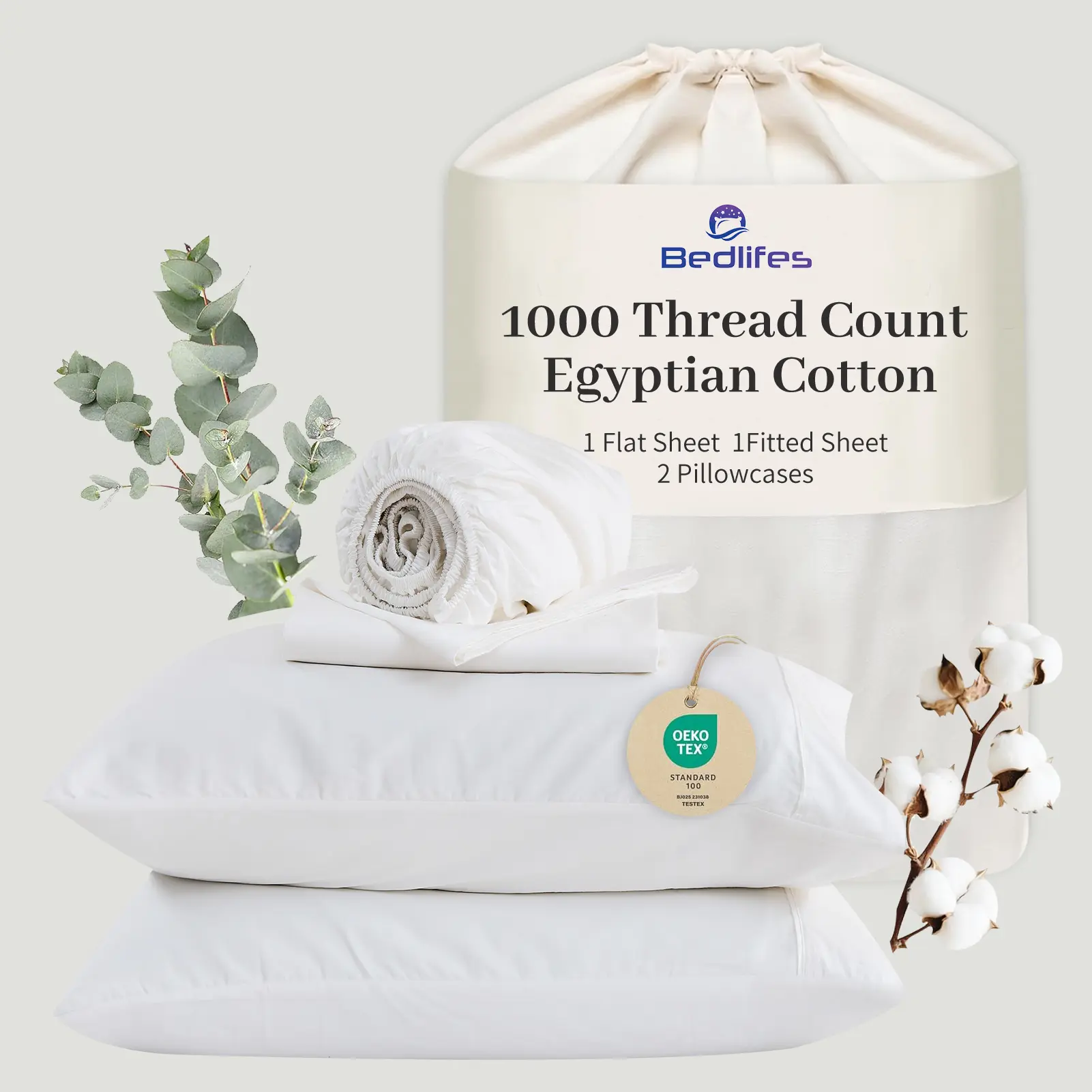Bedlifes Egyptian Cotton Sheets 1000 Thread Count - Cooling & Breathable Ultra Soft Bedding for Hotel Comfort Bedsheets