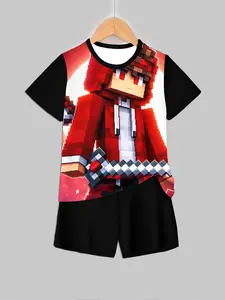 🎮Pixel Art Red Warrior Kids Set! Minecraft-style Character Print, Must-Have for Game Fans, Costumes