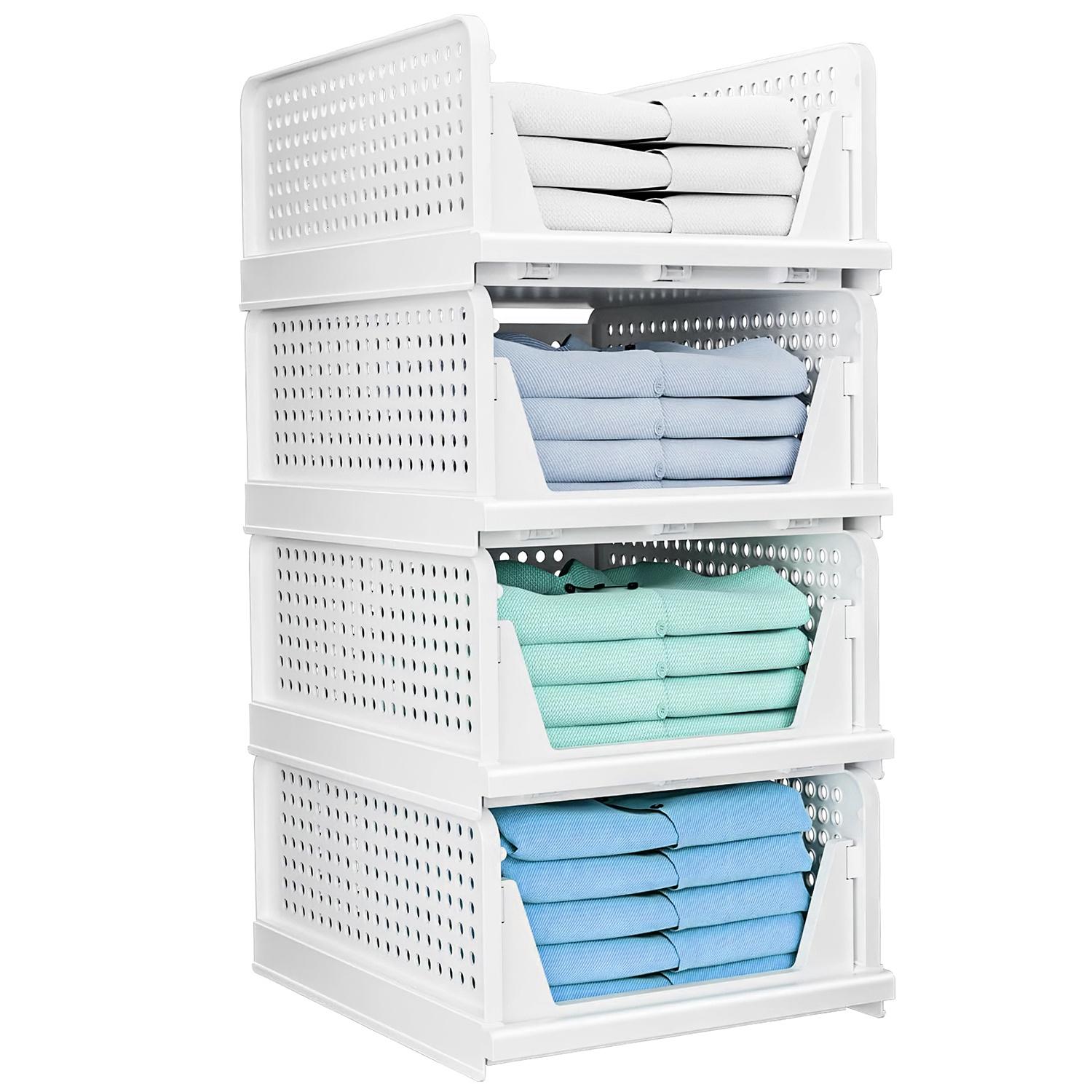 4 Packs Plastic Storage Box Closet Organizer Foldable Storage Bin Stackable Drawer with Slide Rail Push-Pull Storage Basket for Living Room Bedroom Wardrobe White 4 Packs Plastic Storage Box Closet Organizer Foldable Storage Bin Stackable Drawer with Slide Rail Push-Pull Storage Basket for Living Room Bedroom Wardrobe White