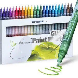 TRANSON Fine Tip Glitter Paint Markers 24 Vibrant Colors 0.7mm Extra Fine Tip for Precise Detailing & Sparkling Effects on Papers Cards Wood Metal Easter Eggs Plastics