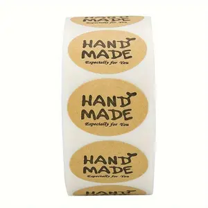 Kraft Paper Handmade with Love Sticker, 500pcs/roll Vintage Self Adhesive Decorative Sticker, DIY Decals for Gift Wrapping, Greeting Card, Scrapbooking