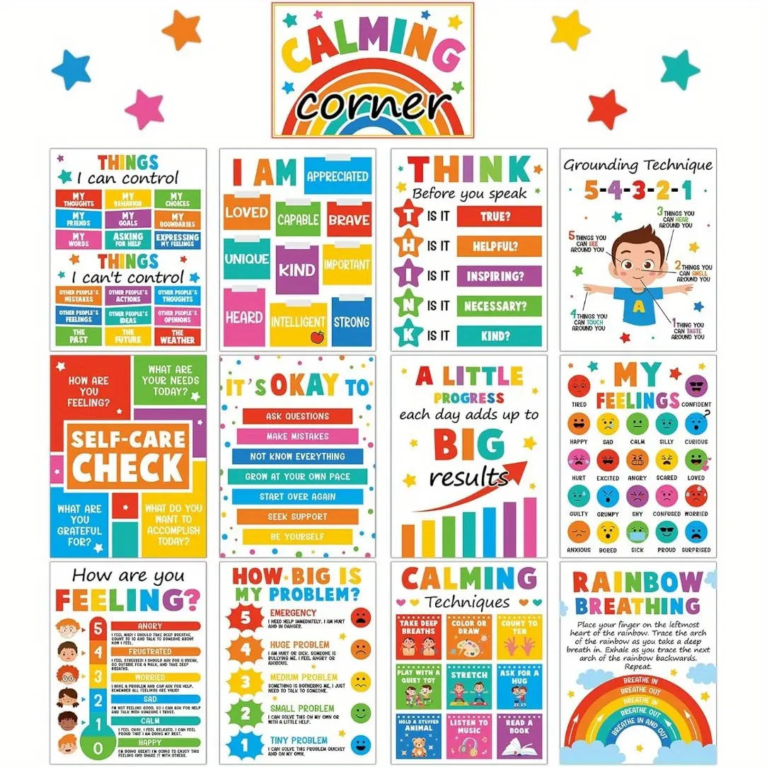 2D Flat 13pcs Frameless Colorful Calming Corner Classroom Posters Calm Down Corner Emotion Posters Feeling Management Educational Mental Health Posters Back to School Home Classroom Decorations Wall Art Bulletin Board Decor 8*10inches