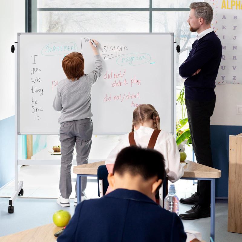 Rolling Whiteboard Double Sided , Magnetic White Board Dry Erase 46"x32" on Wheels, Dry Erase Board with Stand for School, Office and Home, Silver Aluminium Frame