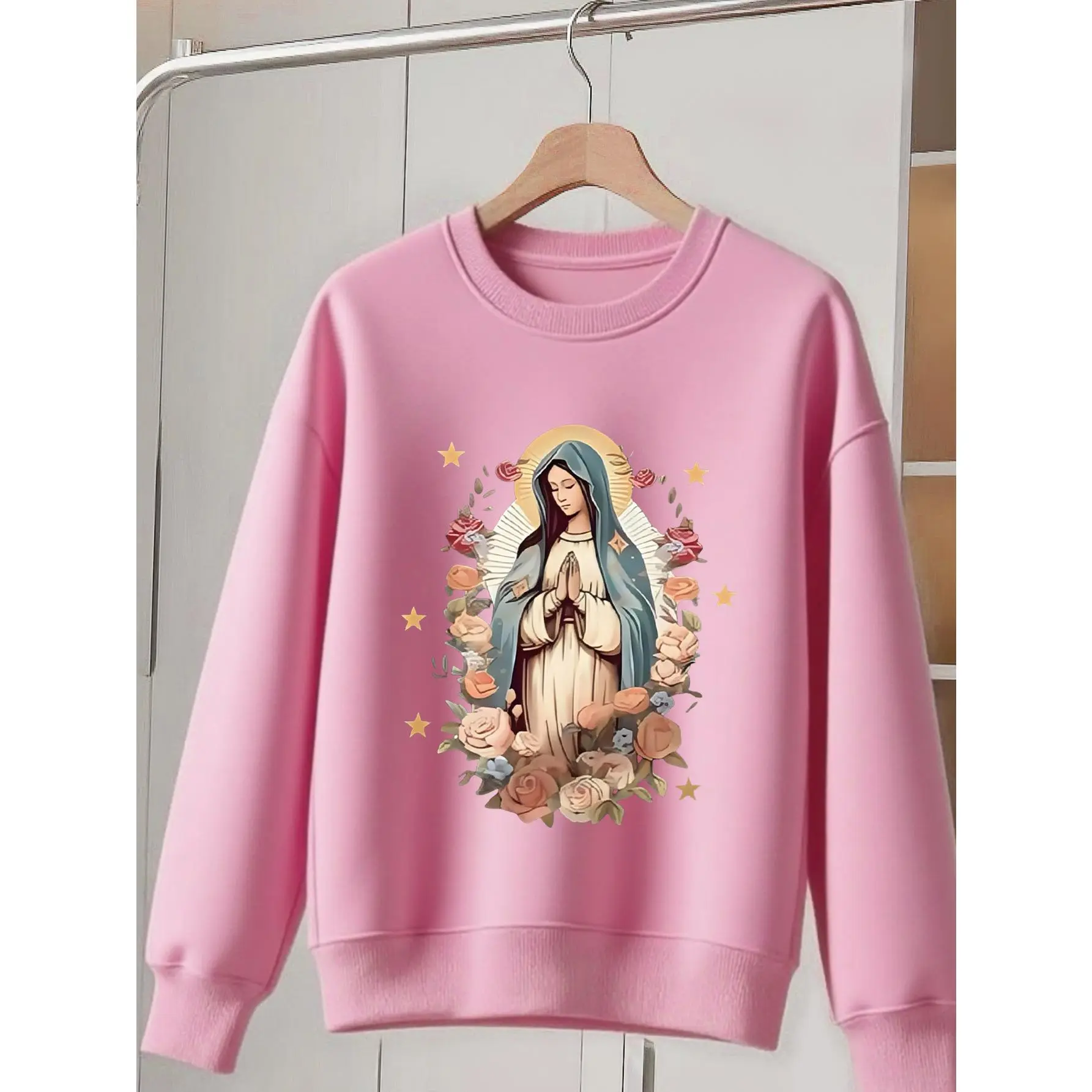 Girls' Catholic Virgin Mary & Jesus Christ Religious Sweater - Red & Golden Floral Print Sweater with Mary & Jesus Christ Design, Soft Warm Fall Winter Church Outfit For Catholic Girls, Faithbased Clothing, Quality Stitching, Faithinspired Clothing